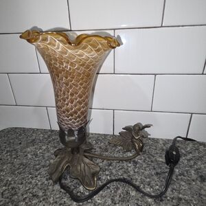 Amber Glass Tulip Table Lamp with Bronze Leaf Base